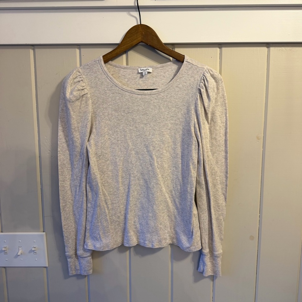 Splendid Light Gray Knit Long Sleeve Shirt w/ Puff Sleeves, Size Small
